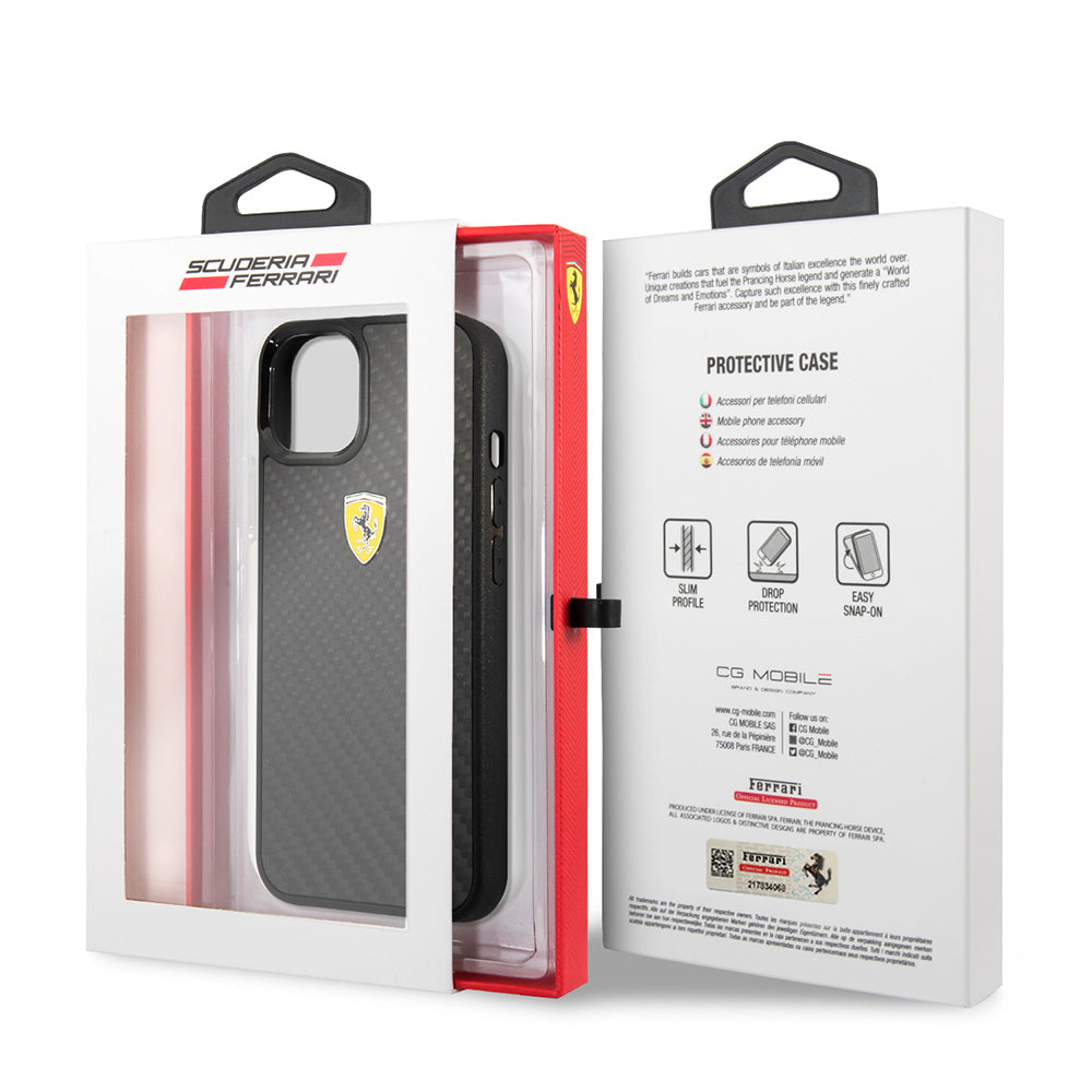 iPhone 13 Mini Kılıf Ferrari Orjinal Lisanlı Klasik Metal Logolu Karbon Dizayn Kılıf