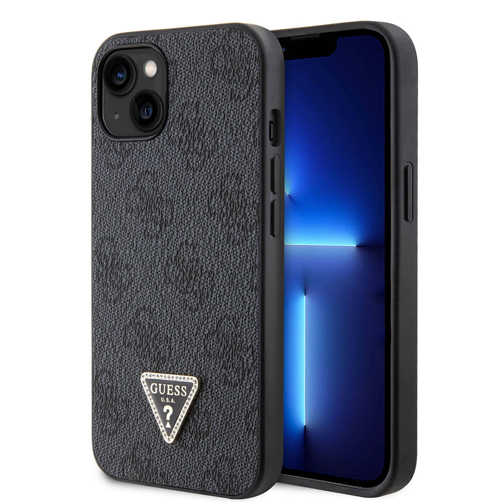 iPhone 14 Kılıf Guess Orjinal Lisanslı PU Deri Taşlı Üçgen Logo 4G Desenli Kılıf