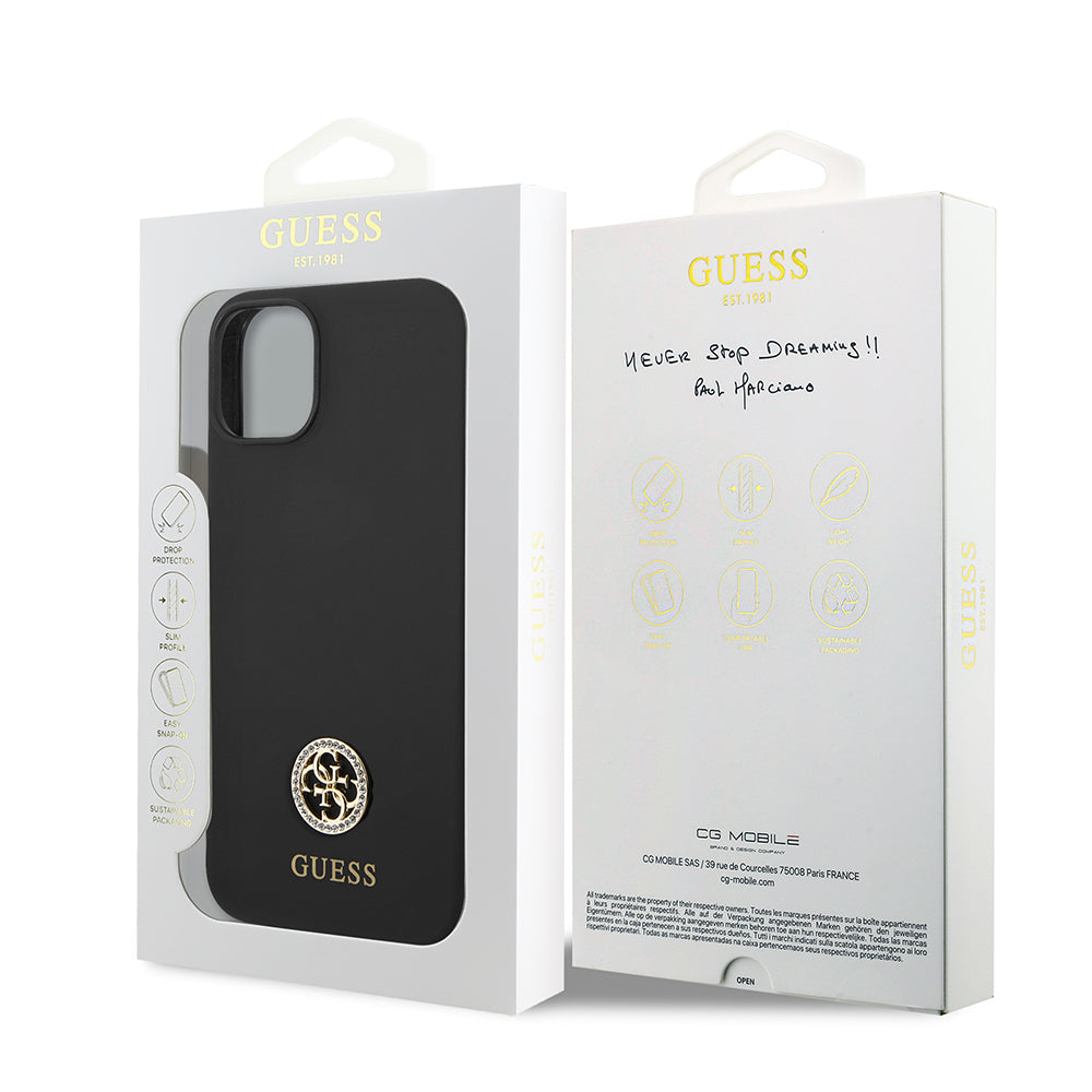 iPhone 14 Kılıf Guess Orjinal Lisanslı Yazı ve Taşlı 4G Logolu Silikon Kılıf