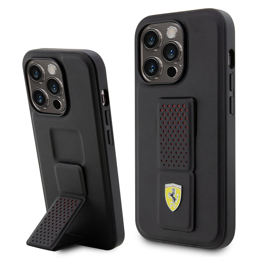 iPhone 14 Pro Kılıf Ferrari Orjinal Lisanlı Klasik Metal Logolu Delikli Standlı Deri Kılıf