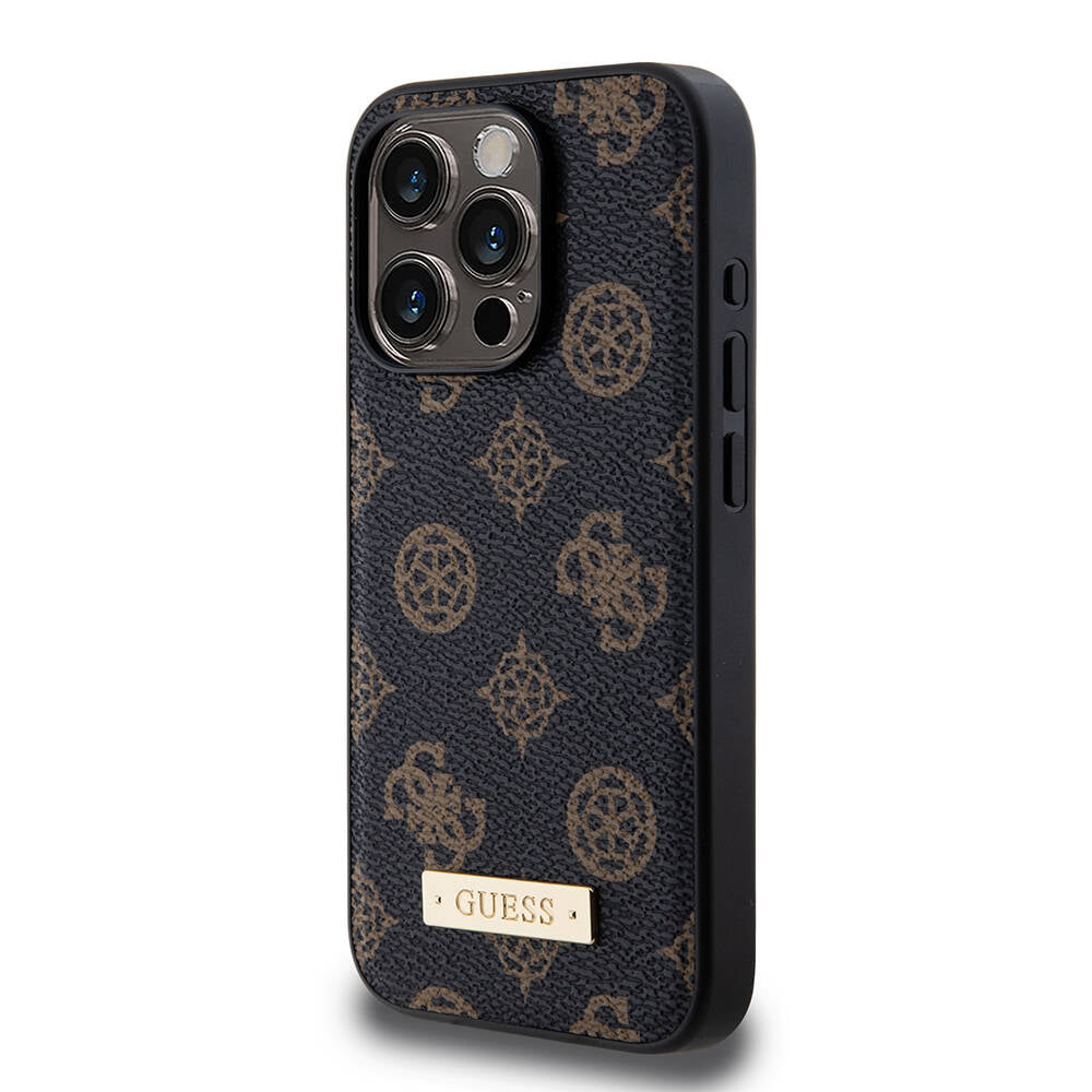 iPhone 14 Pro Kılıf Guess M-safe Şarj Özellikli PU Deri Desenli Metal Plaka Logolu Kılıf