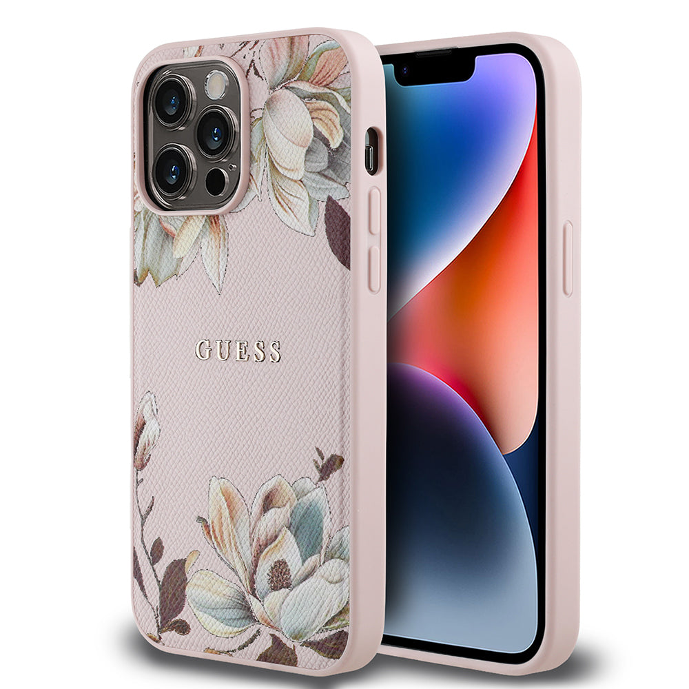 iPhone 14 Pro Max Kılıf Guess Orjinal Lisanslı M-safe Şarj Özellikli Taneli Çiçek Tasarımlı Metal Yazı Logolu Kılıf