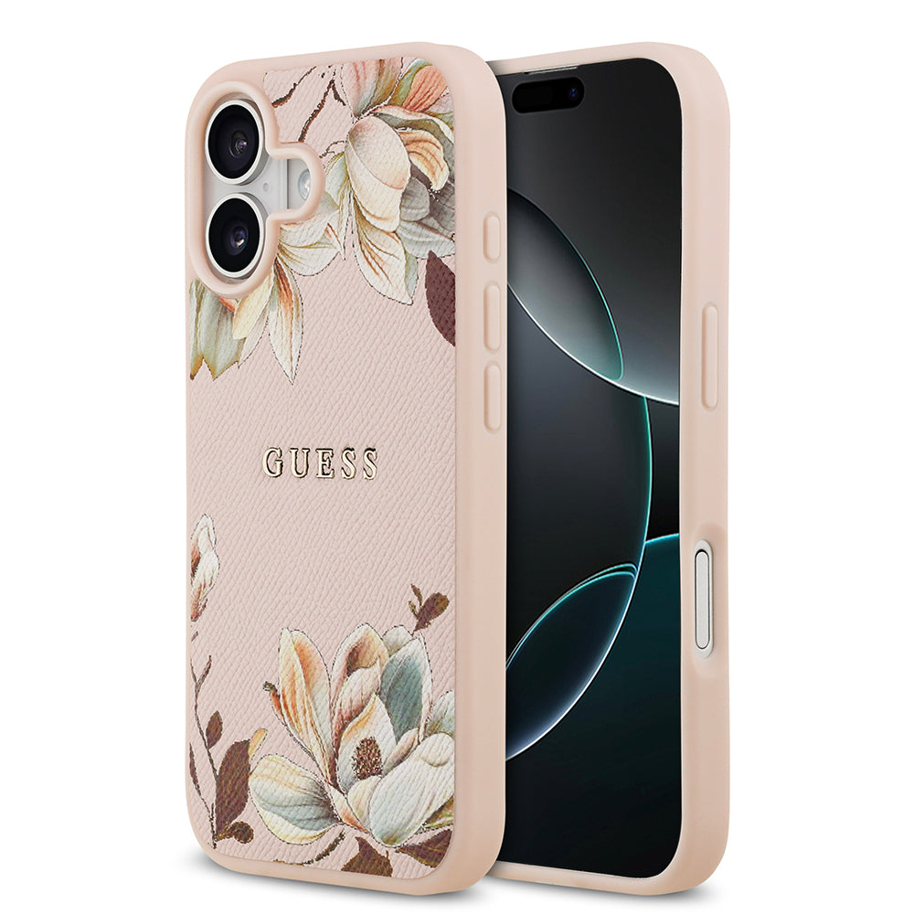 iPhone 17 Kılıf Guess Orjinal Lisanslı M-safe Şarj Özellikli Taneli Çiçek Tasarımlı Metal Yazı Logolu Kılıf