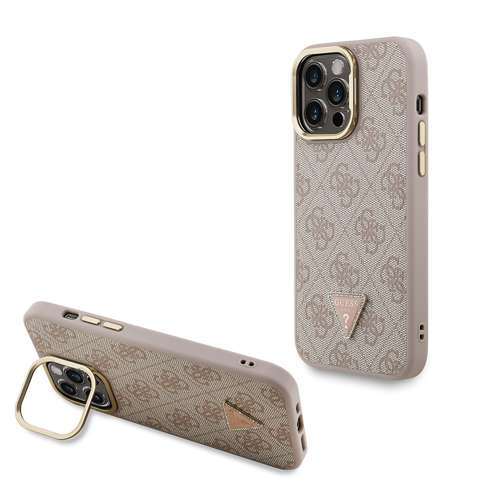 iPhone 14 Pro Max Kılıf Guess Orjinal Lisanslı PU Deri Taşlı Üçgen Logo 4G Desenli Kamera Standlı Kılıf