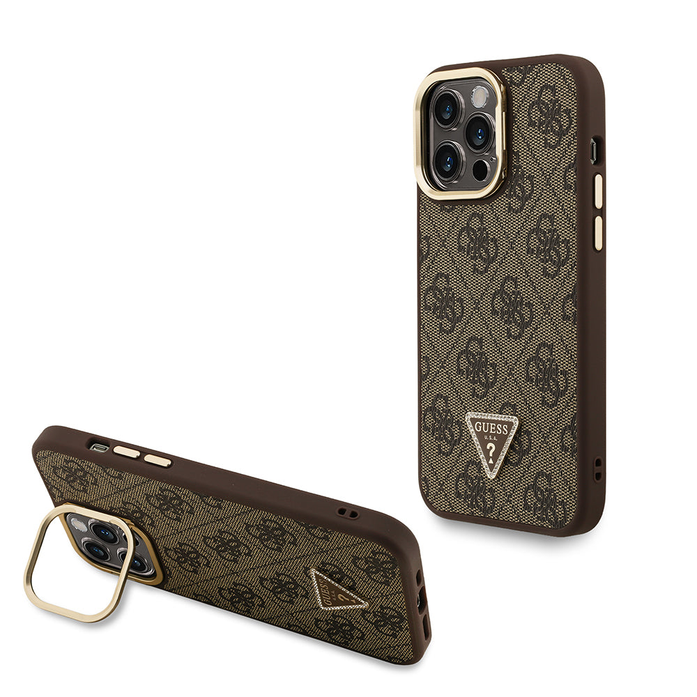 iPhone 14 Pro Max Kılıf Guess Orjinal Lisanslı PU Deri Taşlı Üçgen Logo 4G Desenli Kamera Standlı Kılıf