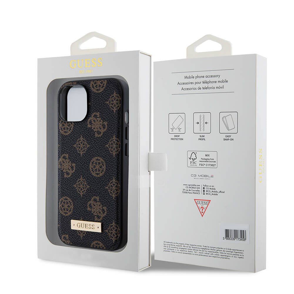 iPhone 15 Kılıf Guess M-safe Şarj Özellikli PU Deri Desenli Metal Plaka Logolu Kılıf
