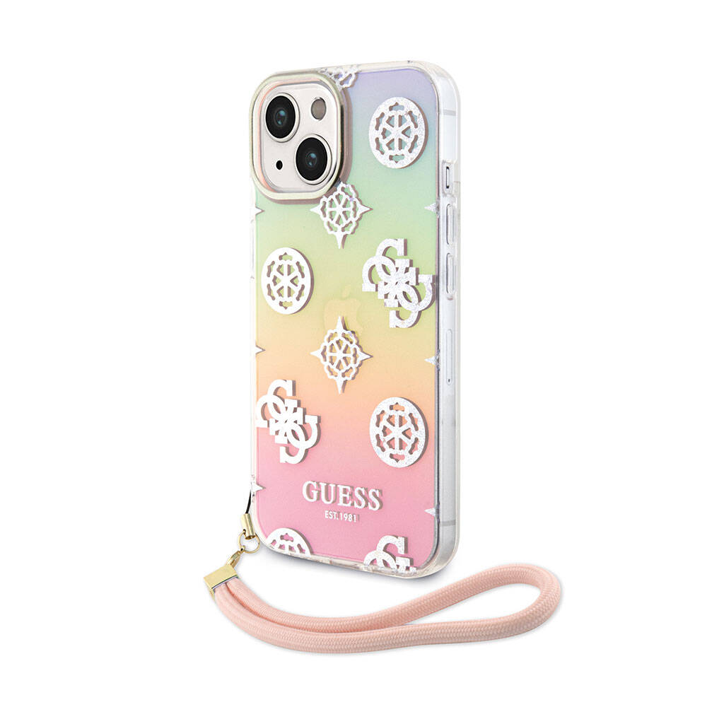 iPhone 15 Kılıf Guess Orjinal Lisanslı Desenli Yazı Logolu Askı İpli Holografik Glitter Peony Kılıf