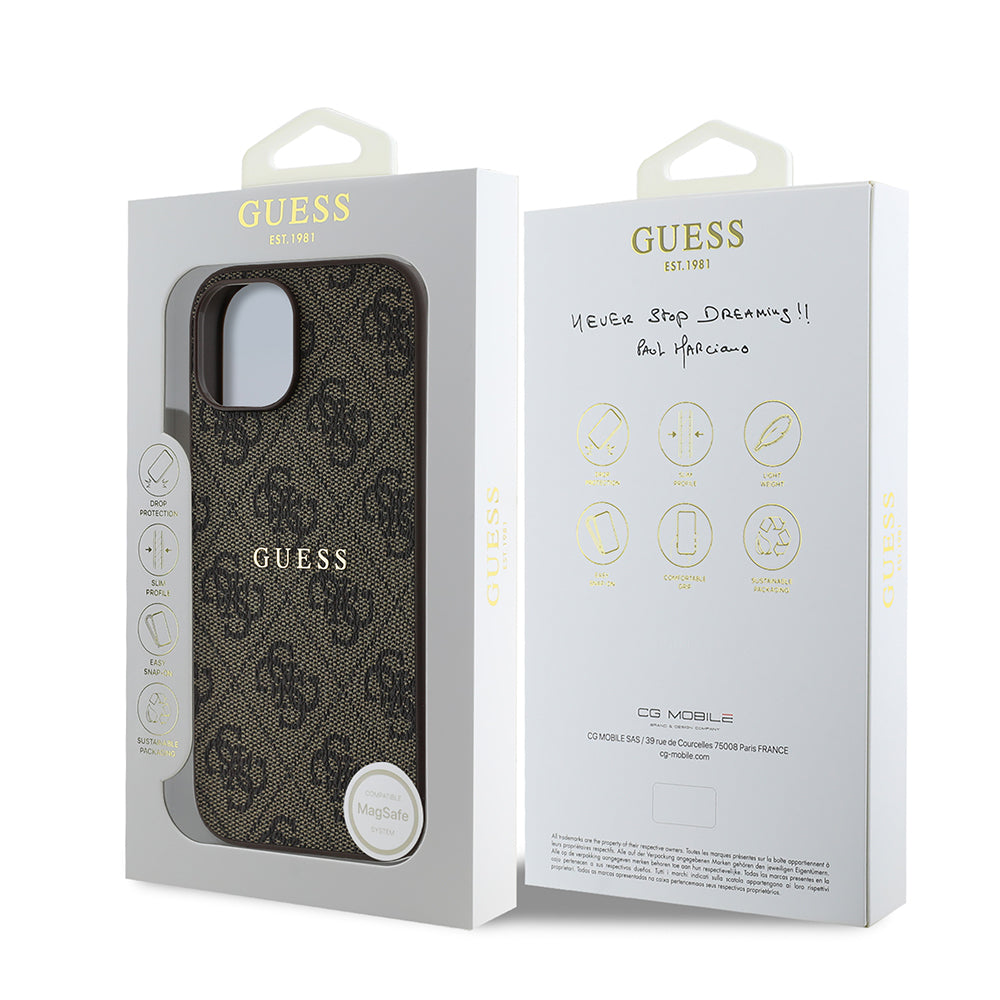 iPhone 15 Kılıf Guess Orjinal Lisanslı M-safe Şarj Özellikli 4G Desen Yazı Logolu Kılıf