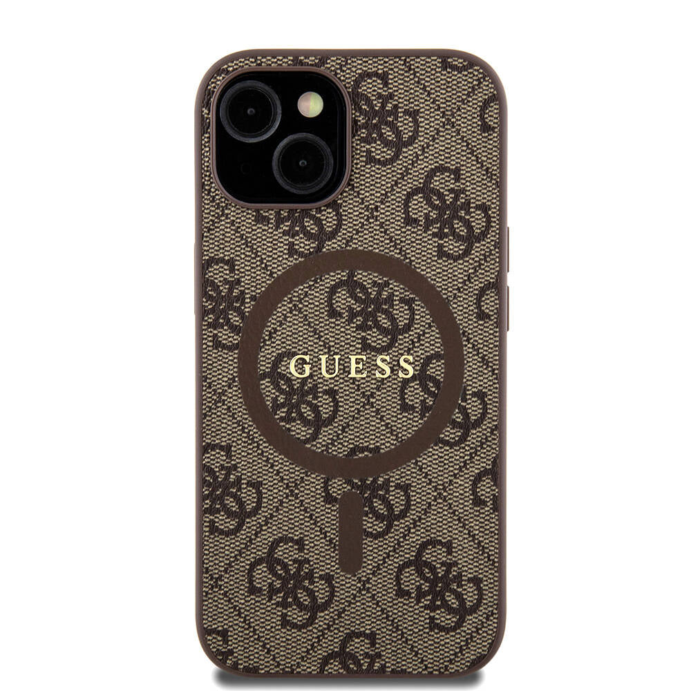 iPhone 15 Kılıf Guess Orjinal Lisanslı M-safe Şarj Özellikli PU Halkalı 4G Desenli Yazı Logolu Kılıf