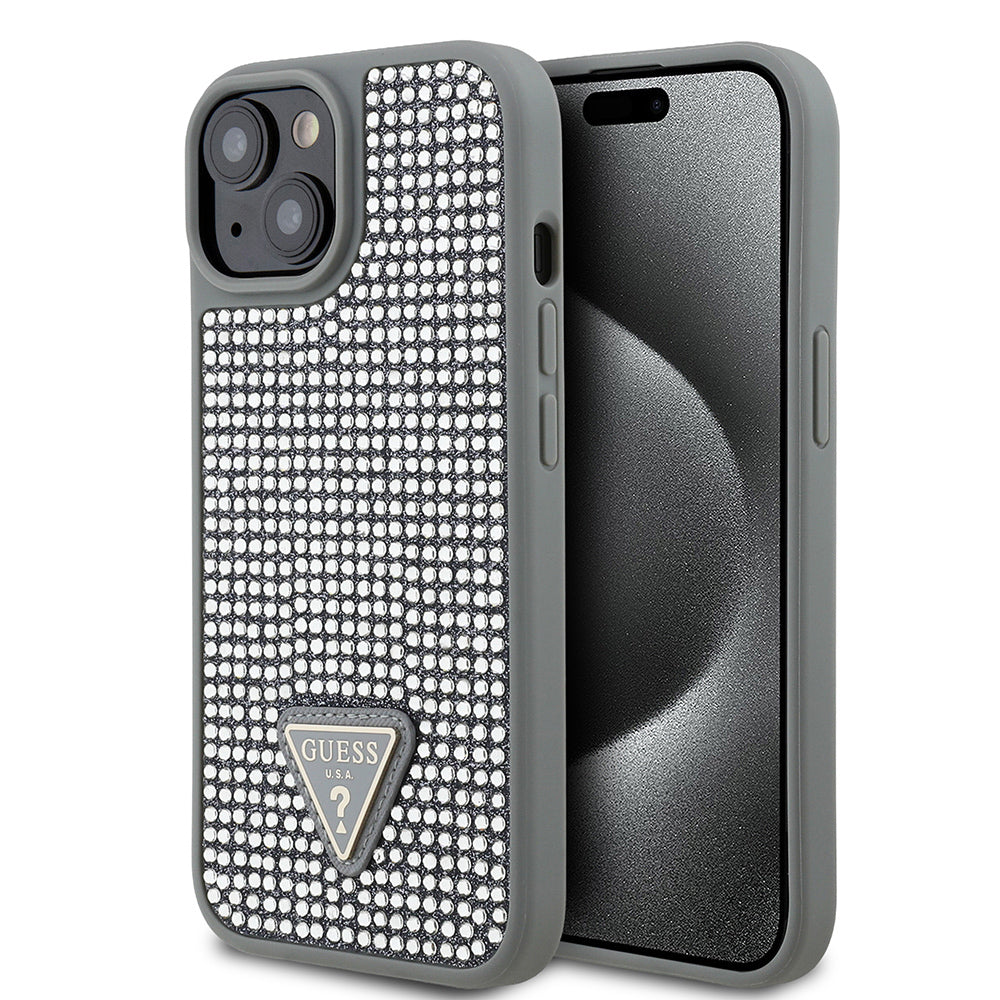 iPhone 15 Kılıf Guess Orjinal Lisanslı Taşlı Arka Yüzey Üçgen Logolu Kılıf