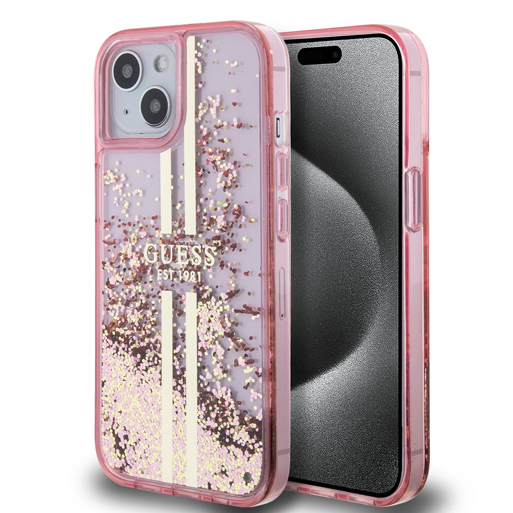 iPhone 15 Kılıf Guess Orjinal Lisanslı Transparan Sıvılı Simli Altın Çizgili Kılıf