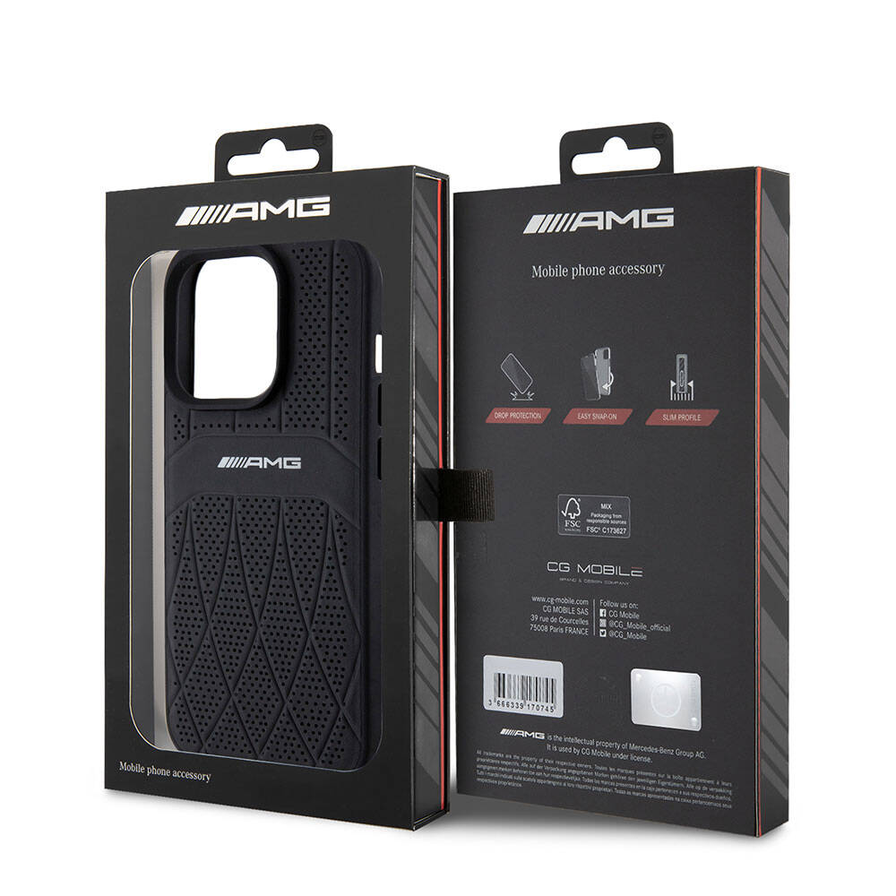 iPhone 15 Pro Kılıf AMG Orjinal Lisanslı M-safe Şarj Özellikli Delikli Deri Kıvrımlı Çizgili Kılıf