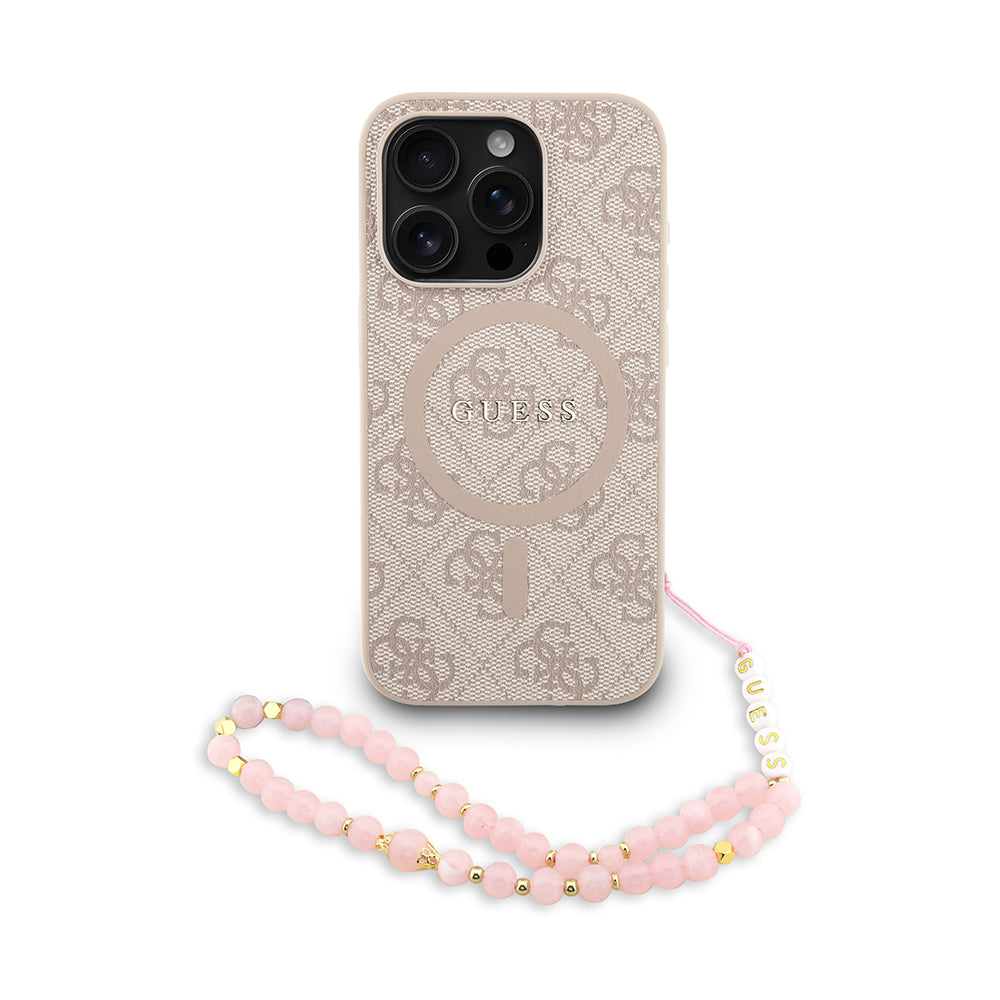 iPhone 15 Pro Kılıf Guess Orjinal Lisanslı M-safe Şarj Özellikli PU Deri Bilek Askı İpli Yazı Logolu Kılıf