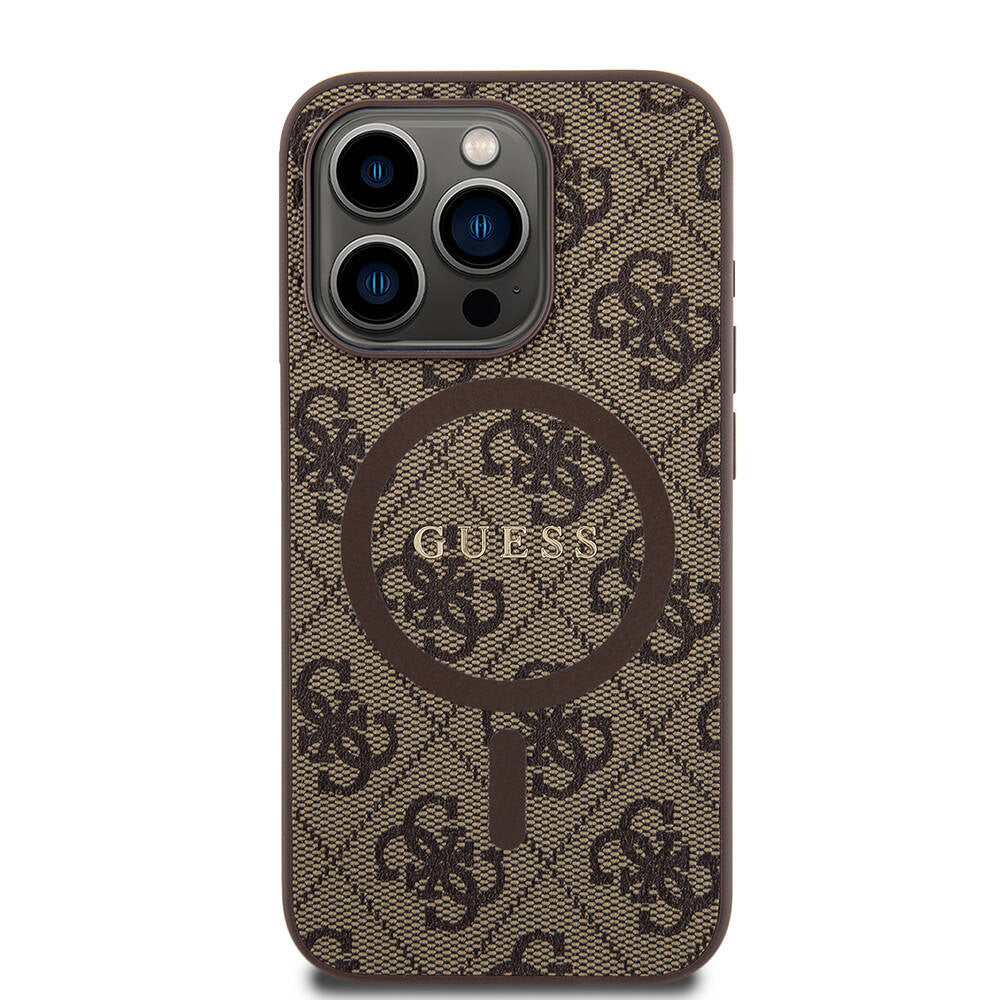 iPhone 15 Pro Kılıf Guess Orjinal Lisanslı M-safe Şarj Özellikli PU Halkalı 4G Desenli Yazı Logolu Kılıf