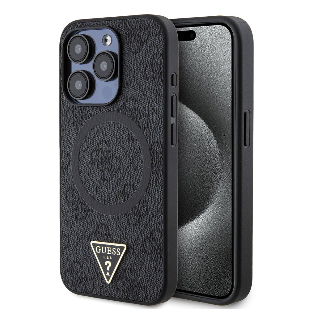 iPhone 15 Pro Kılıf Guess Orjinal Lisanslı M-safe Şarj Özellikli PU Üçgen Logo 4G Desenli Kılıf