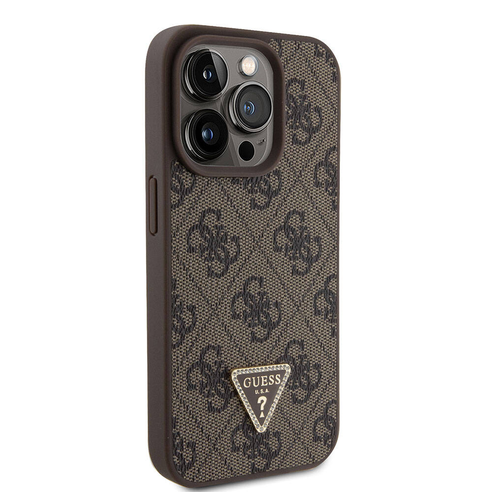 iPhone 15 Pro Kılıf Guess Orjinal Lisanslı PU Deri Askılı Taşlı Üçgen Logo 4G Desenli Strass Crossbody Kılıf