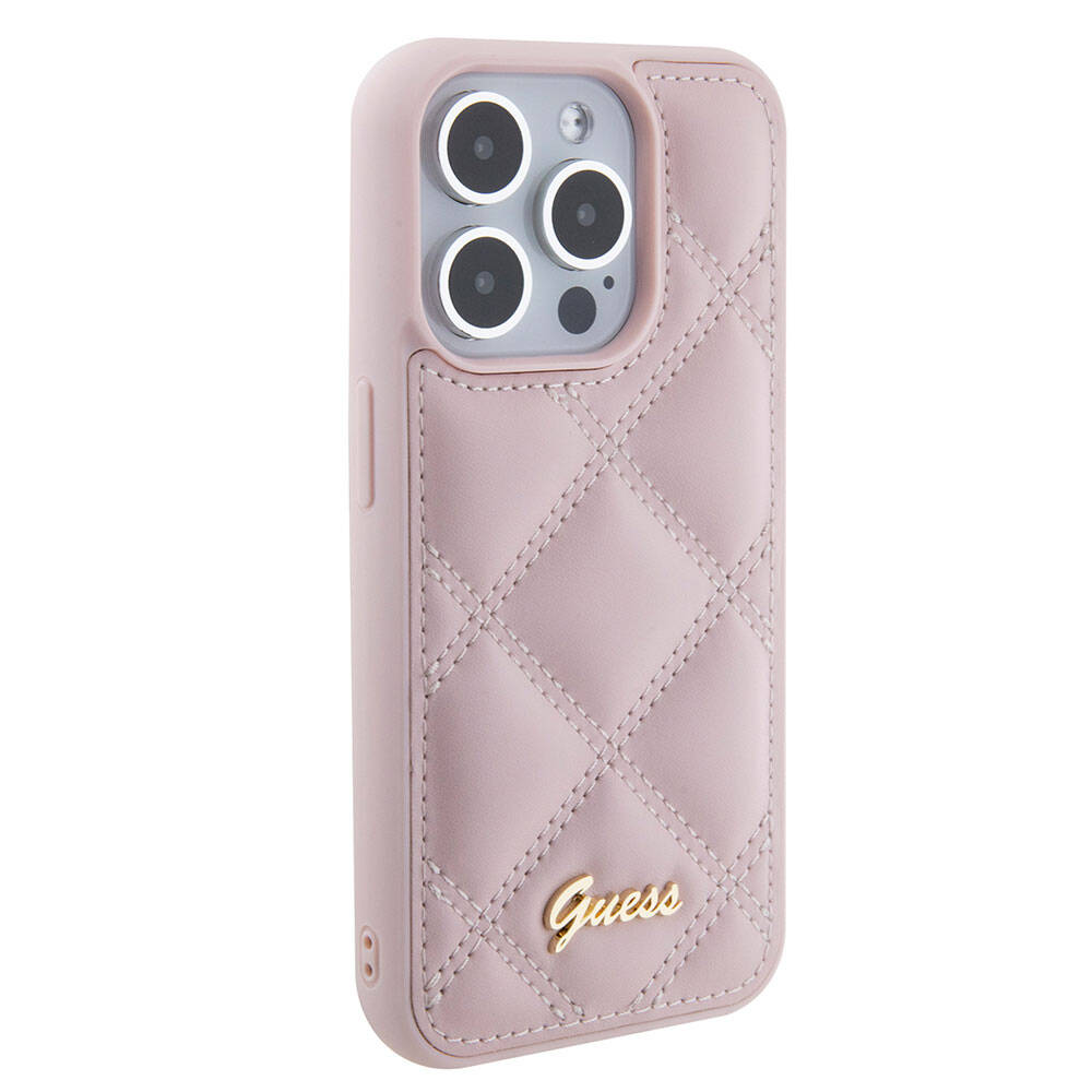 iPhone 15 Pro Kılıf Guess Orjinal Lisanslı PU Deri Metal Yazı Logolu Kapitone Kılıf