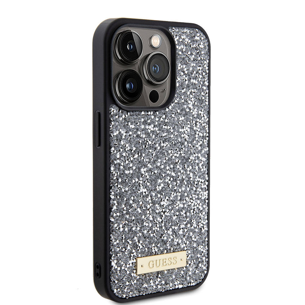 iPhone 15 Pro Kılıf Guess Orjinal Lisanslı Taşlı Arka Yüzey Metal Yazı Logolu Kılıf