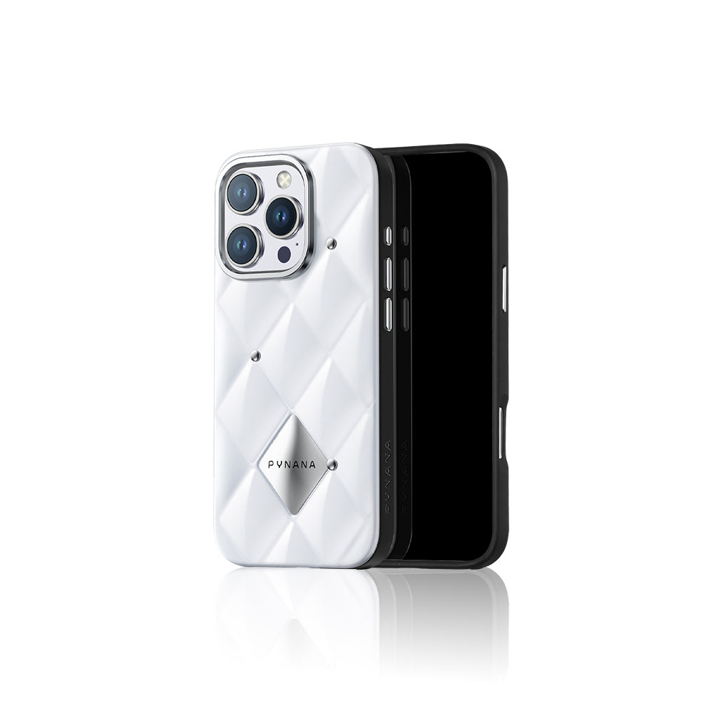 iPhone 15 Pro Kılıf Parlak Arka Yüzeyli Kabartma Tasarımlı Kapitone Pynana Metal Diamond Serisi Kılıf