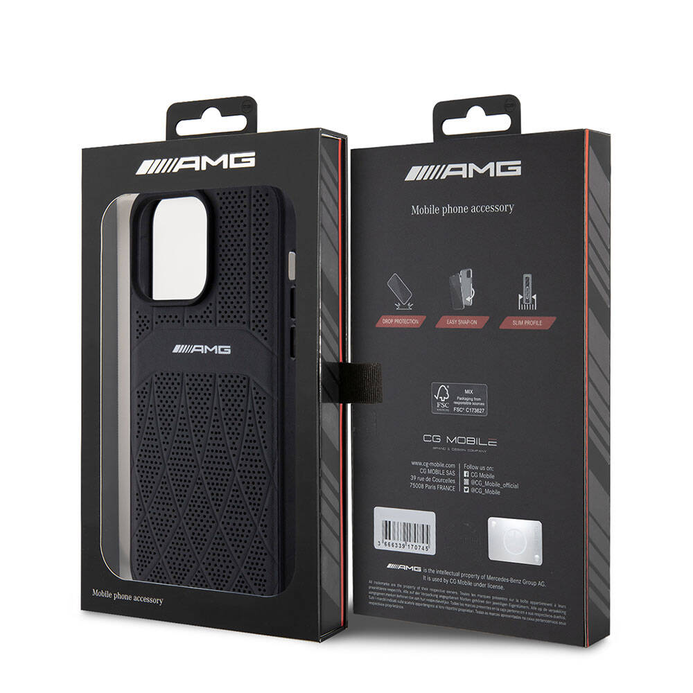 iPhone 15 Pro Max Kılıf AMG Orjinal Lisanslı M-safe Şarj Özellikli Delikli Deri Kıvrımlı Çizgili Kılıf