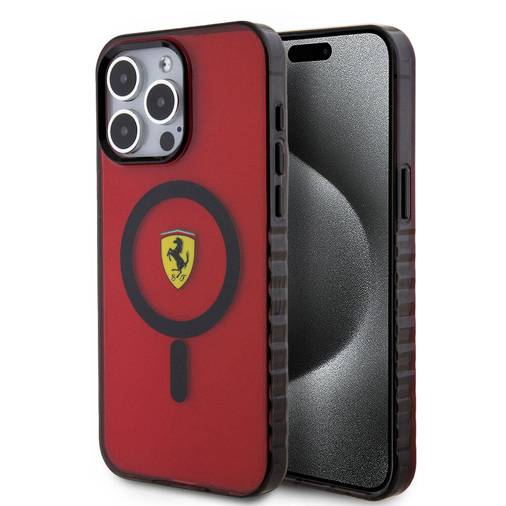iPhone 15 Pro Max Kılıf Ferrari Orjinal Lisanslı M-safe Şarj Özellikli Tırtıklı Kenar Tasarımlı Ortalanmış Logo Kılıf
