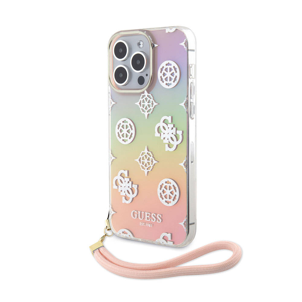 iPhone 15 Pro Max Kılıf Guess Orjinal Lisanslı Desenli Yazı Logolu Askı İpli Holografik Glitter Peony Kılıf