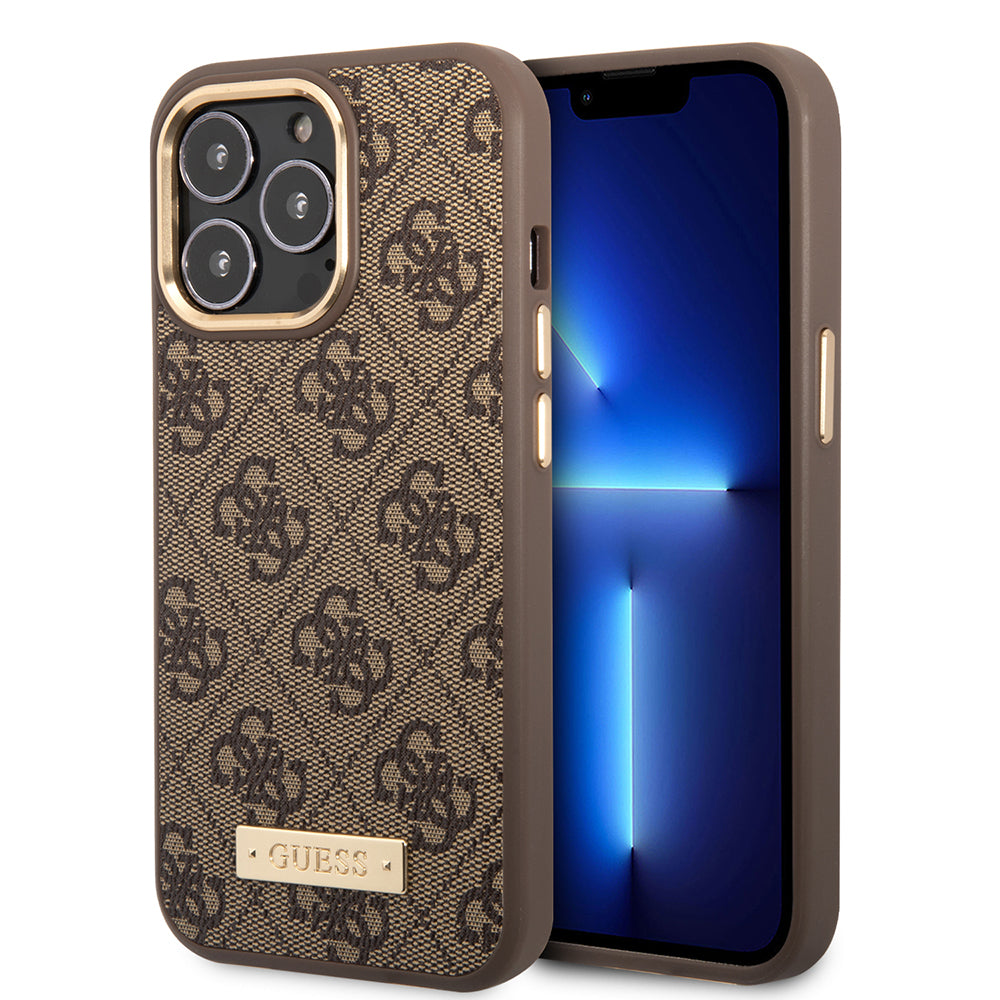 iPhone 15 Pro Max Kılıf Guess Orjinal Lisanslı M-safe Şarj Özellikli 4G Desenli PU Metal Plaka Klasik Logolu Kılıf