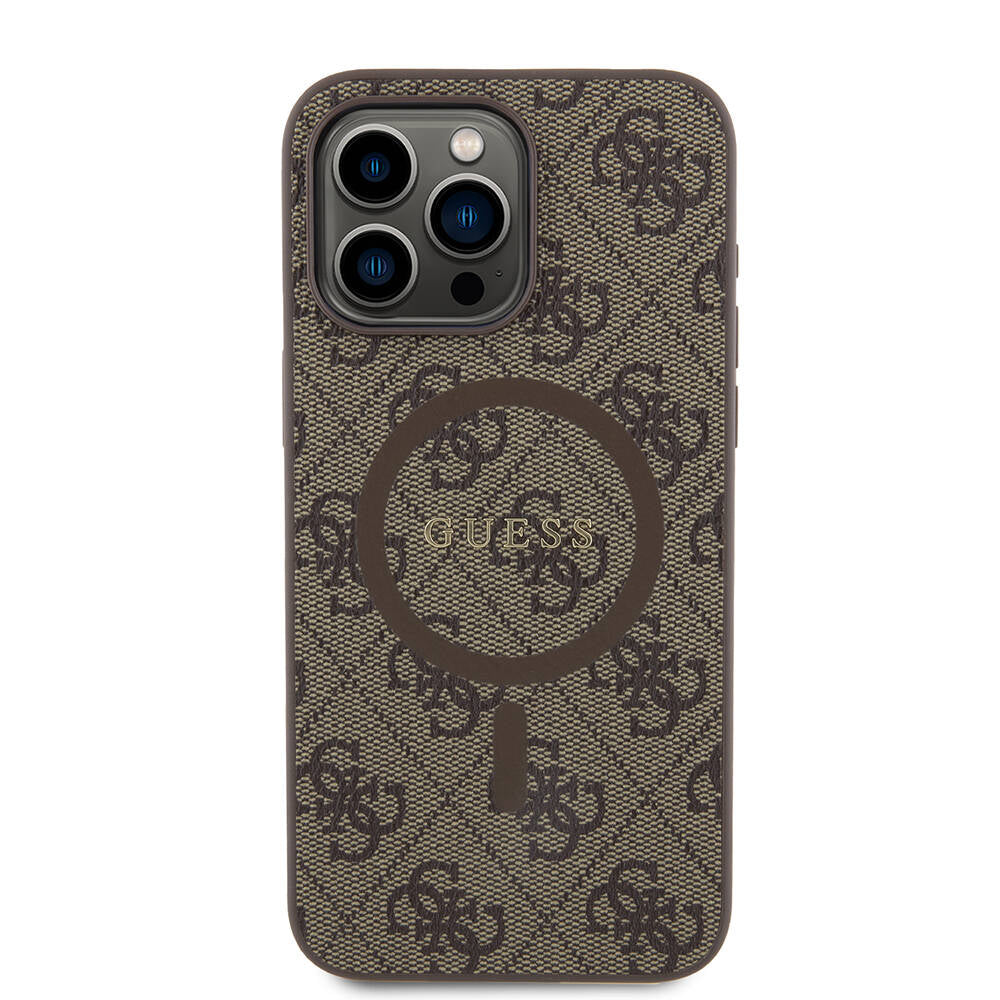 iPhone 15 Pro Max Kılıf Guess Orjinal Lisanslı M-safe Şarj Özellikli PU Halkalı 4G Desenli Yazı Logolu Kılıf