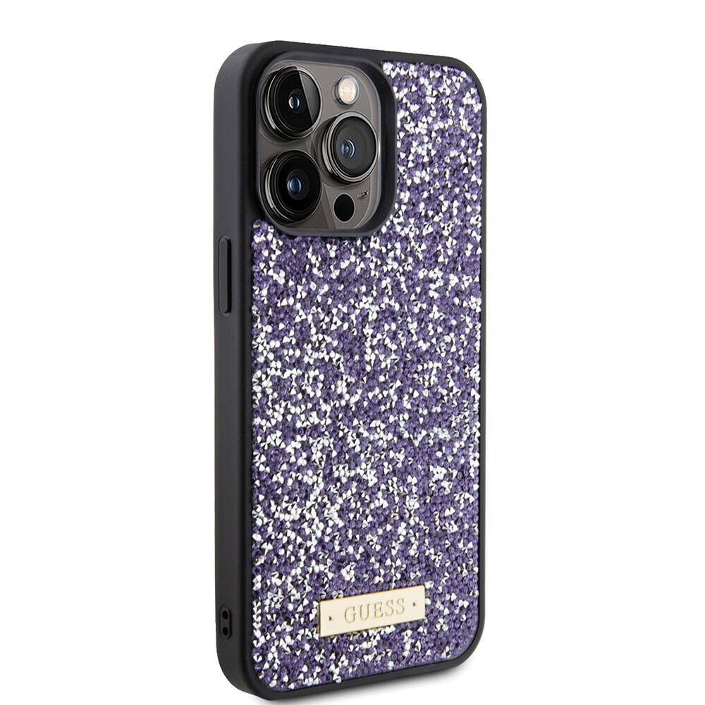 iPhone 15 Pro Max Kılıf Guess Orjinal Lisanslı Taşlı Arka Yüzey Metal Yazı Logolu Kılıf