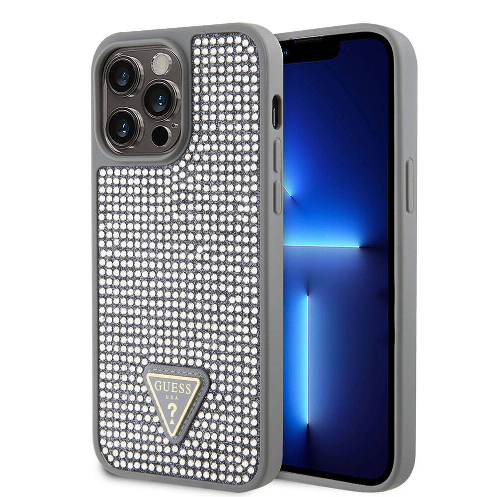 iPhone 15 Pro Max Kılıf Guess Orjinal Lisanslı Taşlı Arka Yüzey Üçgen Logolu Kılıf
