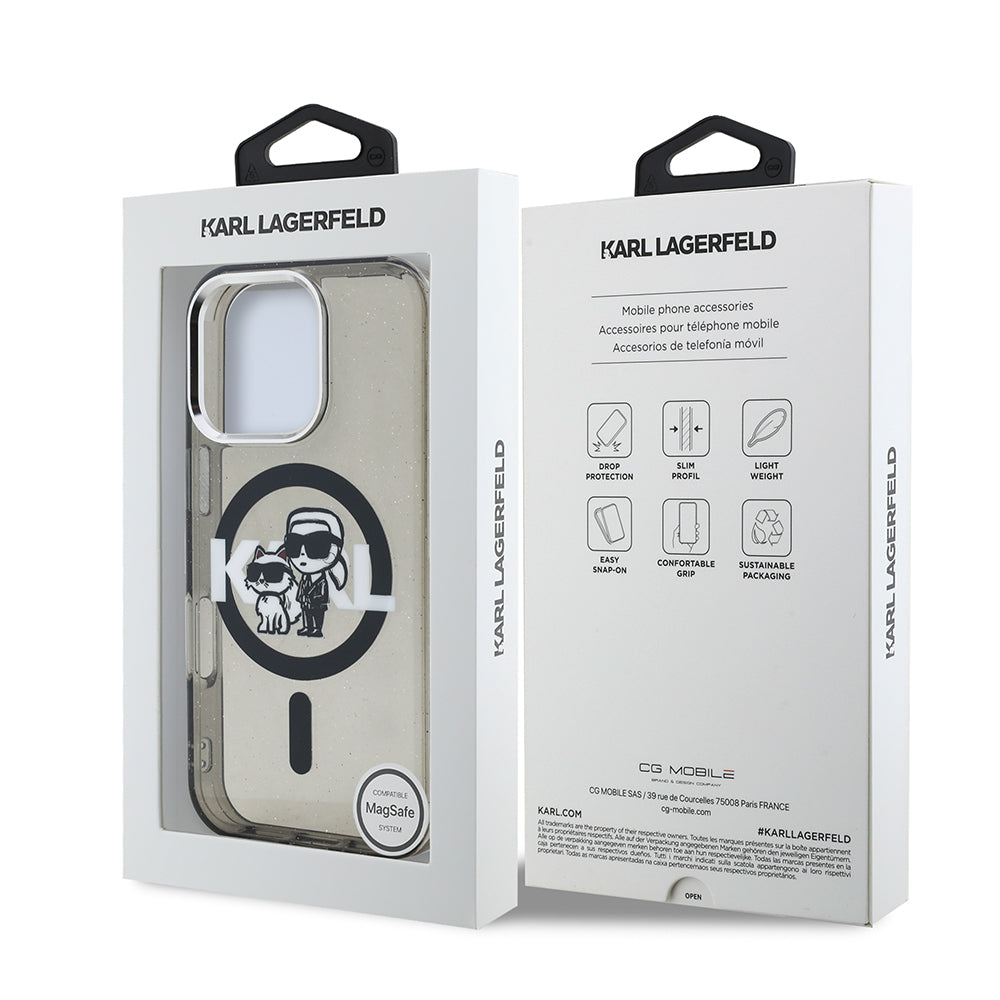 iPhone 15 Pro Max Kılıf Karl Lagerfeld Orjinal Lisanslı Parlayan Simli Karl & Choupette Sketch Logo Kılıf