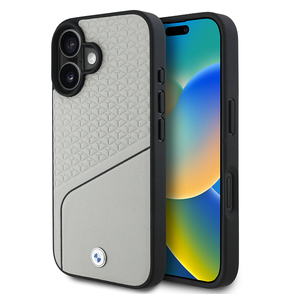iPhone 16 Kılıf BMW Orjinal Lisanslı M-safe Şarj Özellikli Metal Logolu Dokulu ve Çizgili Deri Kılıf
