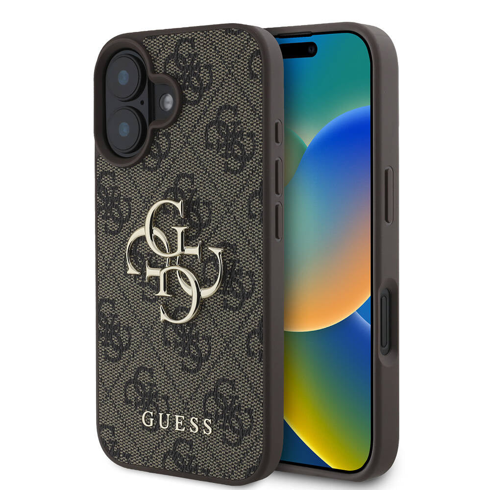 iPhone 16 Kılıf Guess Orjinal Lisanslı PU Deri 4G Desenli Metal Büyük 4G ve Yazı Logolu Kılıf