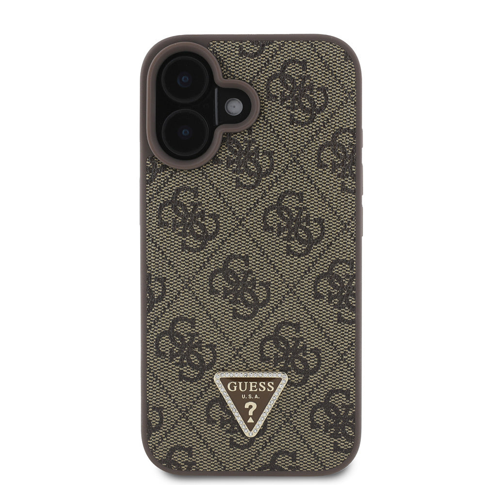 iPhone 16 Kılıf Guess Orjinal Lisanslı PU Deri Taşlı Üçgen Logo 4G Desenli Strass Kılıf