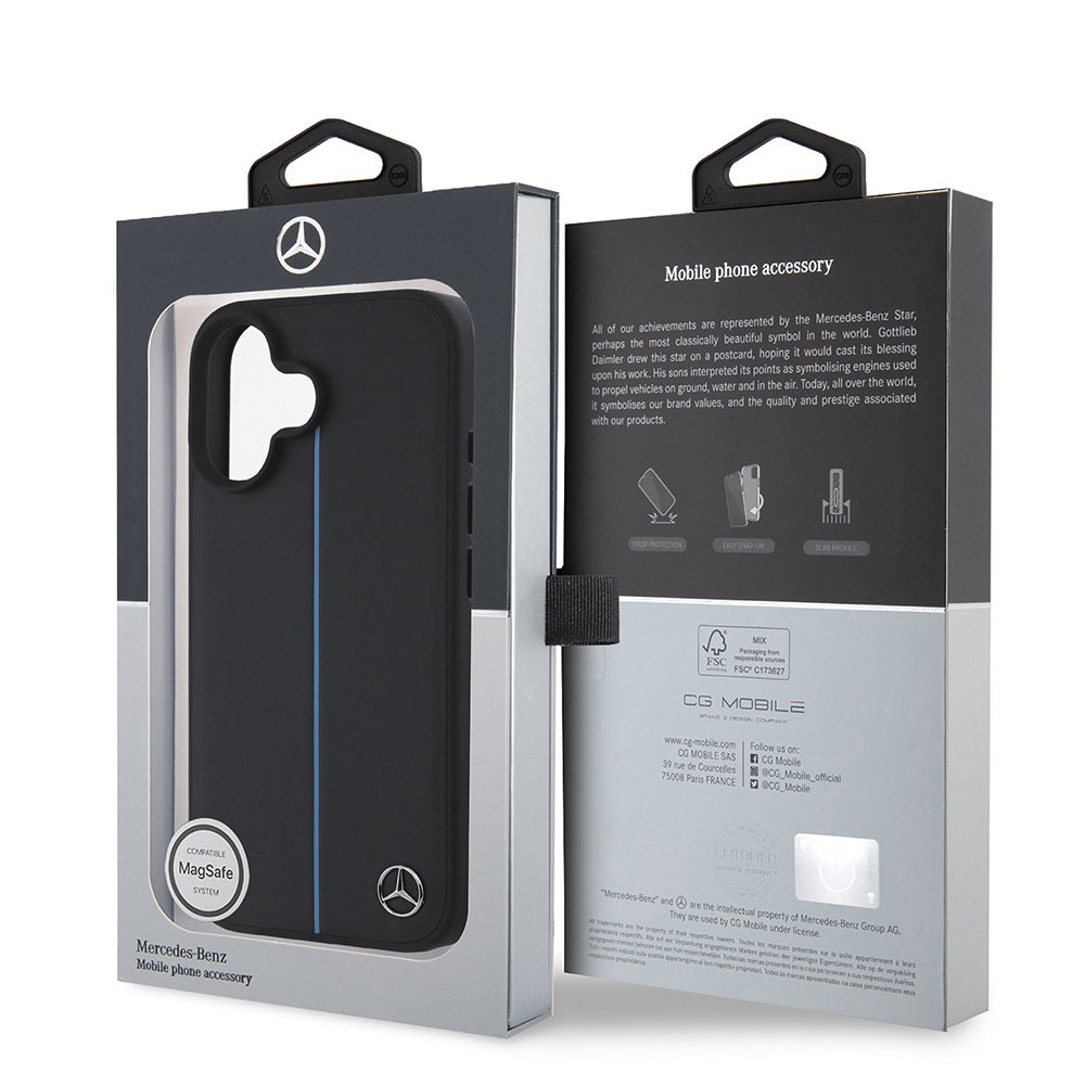 iPhone 16 Kılıf Mercedes Benz Orjinal Lisanslı M-safe Şarj Özellikli Metal Yıldız Logolu Mavi Çizgili Deri Kılıf
