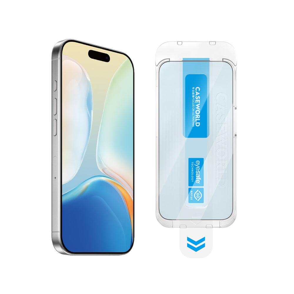 Apple iPhone 16 Plus CaseWorld Applicator Serisi 2.5D Eyesafe Mavi Işık Teknolojili Safir 0.33mm Temperli Cam Ekran Koruyucu + Uygulama Aparatı