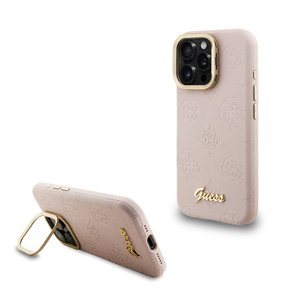 iPhone 16 Pro Kılıf Guess Orjinal Lisanslı M-safe Şarj Özellikli Sıcak Baskılı Yazı Logolu Kamera Standlı PU Deri Peony Kılıf