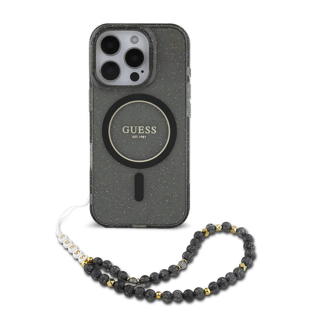 iPhone 16 Pro Kılıf Guess Orjinal Lisanslı M-safe Şarj Özellikli Simli Silikon İnci Bileklikli Kılıf