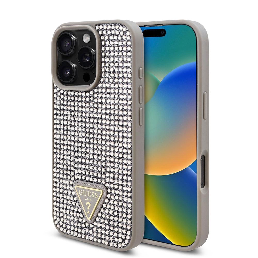 iPhone 16 Pro Kılıf Guess Orjinal Lisanslı Taşlı Arka Yüzey Üçgen Logolu Kılıf