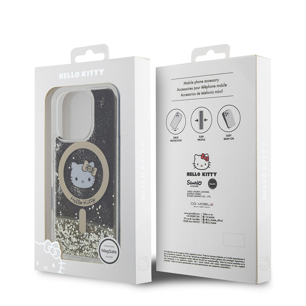 iPhone 16 Pro Kılıf Hello Kitty Orjinal Lisanslı M-safe Şarj Özellikli IML Baskı Kitty Head Logolu Sıvılı Simli Altın Ateşi Kılıf