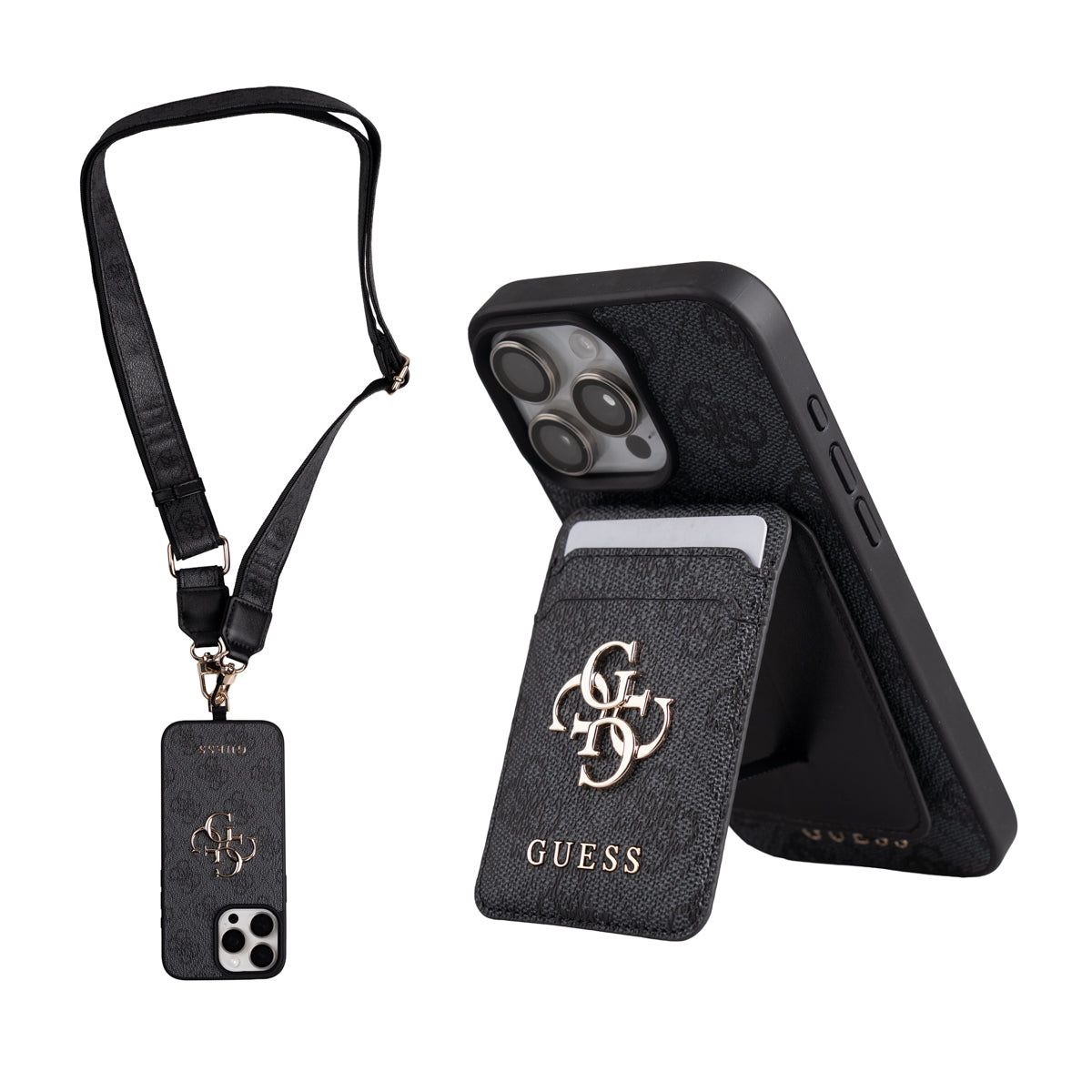Apple iPhone 16 Pro Max Kılıf Guess Orjinal Lisanslı M-safe Şarj Özellikli Askılı ve 4G Logo Kartlıklı Kapak