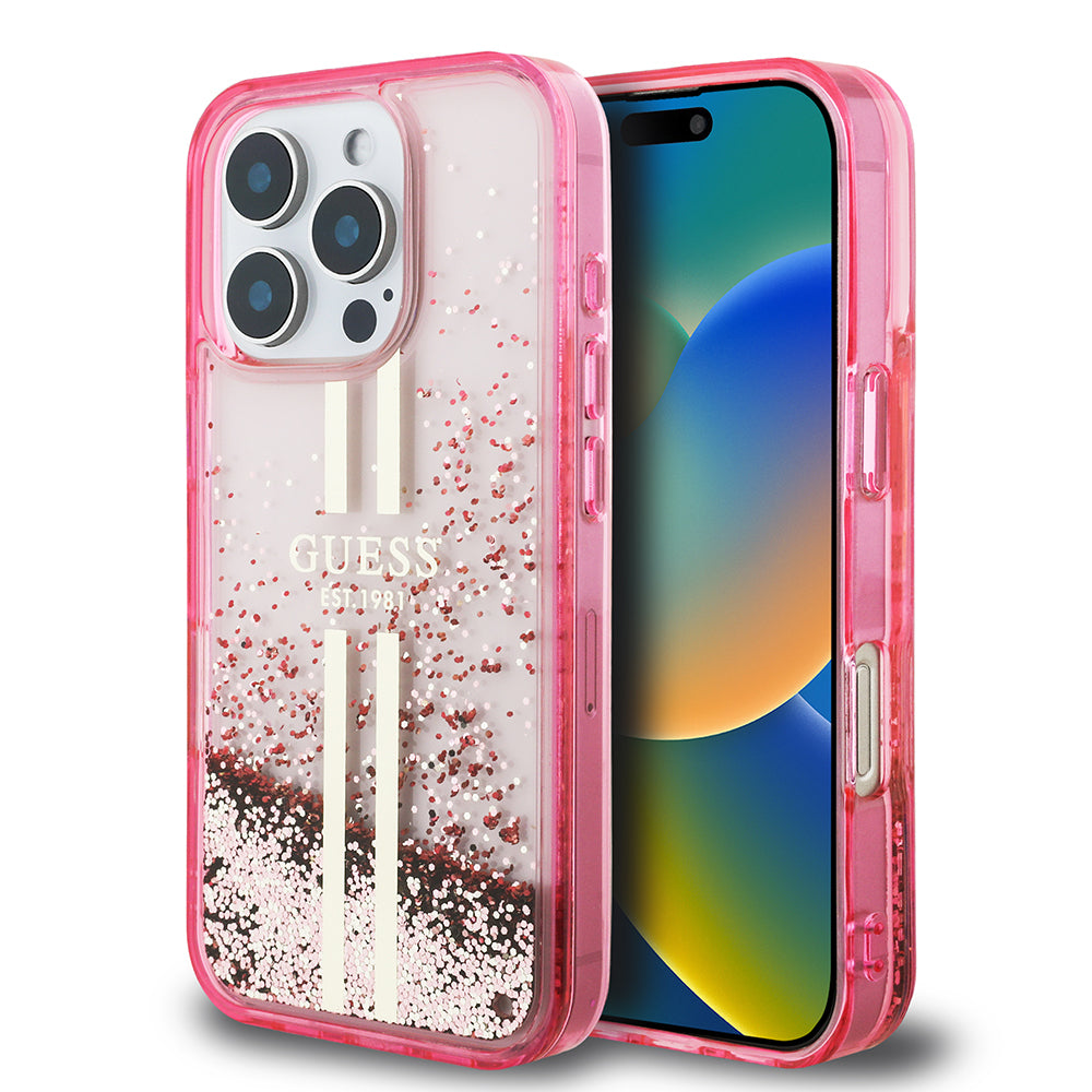 iPhone 16 Pro Max Kılıf Guess Orjinal Lisanslı Transparan Sıvılı Simli Altın Çizgili Kılıf