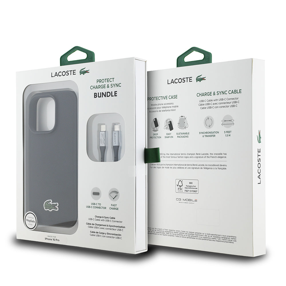 iPhone 16 Pro Max Kılıf Lacoste Orjinal Lisanslı PU Pike Desenli Arka Yüzey İkonik Timsah Dokuma Logolu Kılıf + Type-C Kablo 1.5m