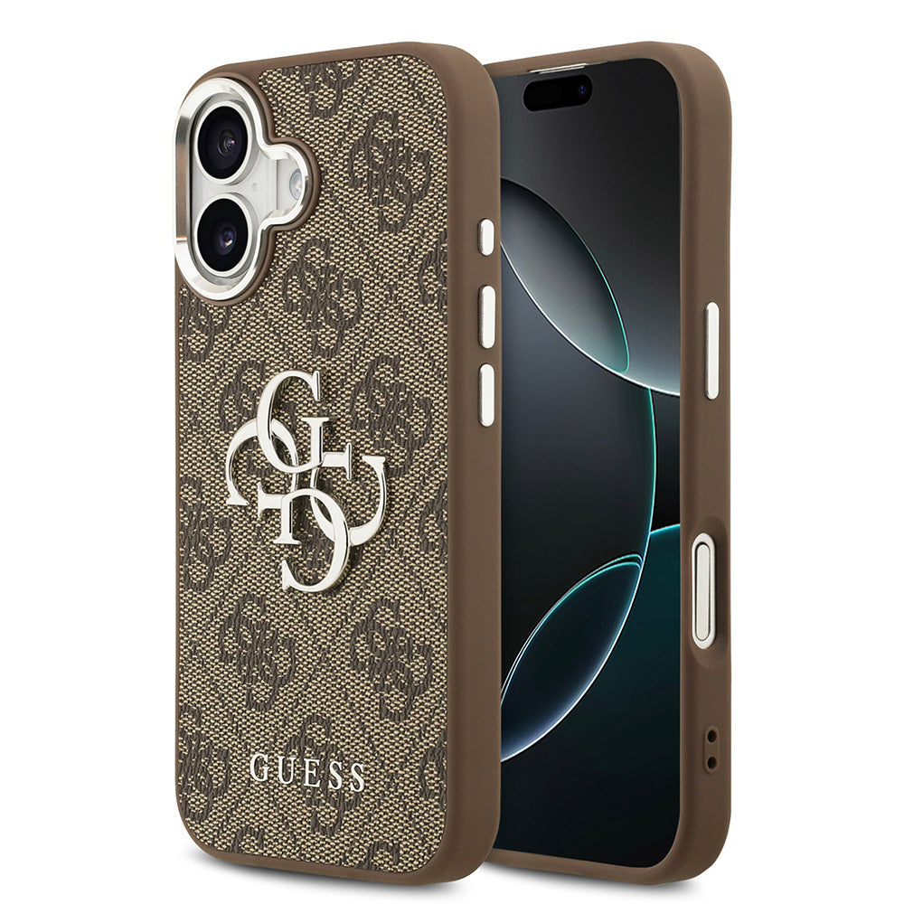 iPhone 17 Kılıf Guess Orjinal Lisanslı Gümüş Metal Kamera Çerçeveli 4G Desenli Metal Büyük 4G ve Yazı Logolu Kılıf