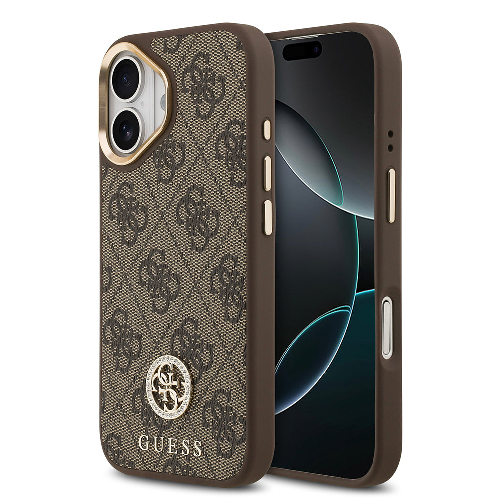 iPhone 17 Kılıf Guess Orjinal Lisanslı M-safe Şarj Özellikli Gold Metal Kamera Çerçeveli Taşlı 4G Logolu Kılıf