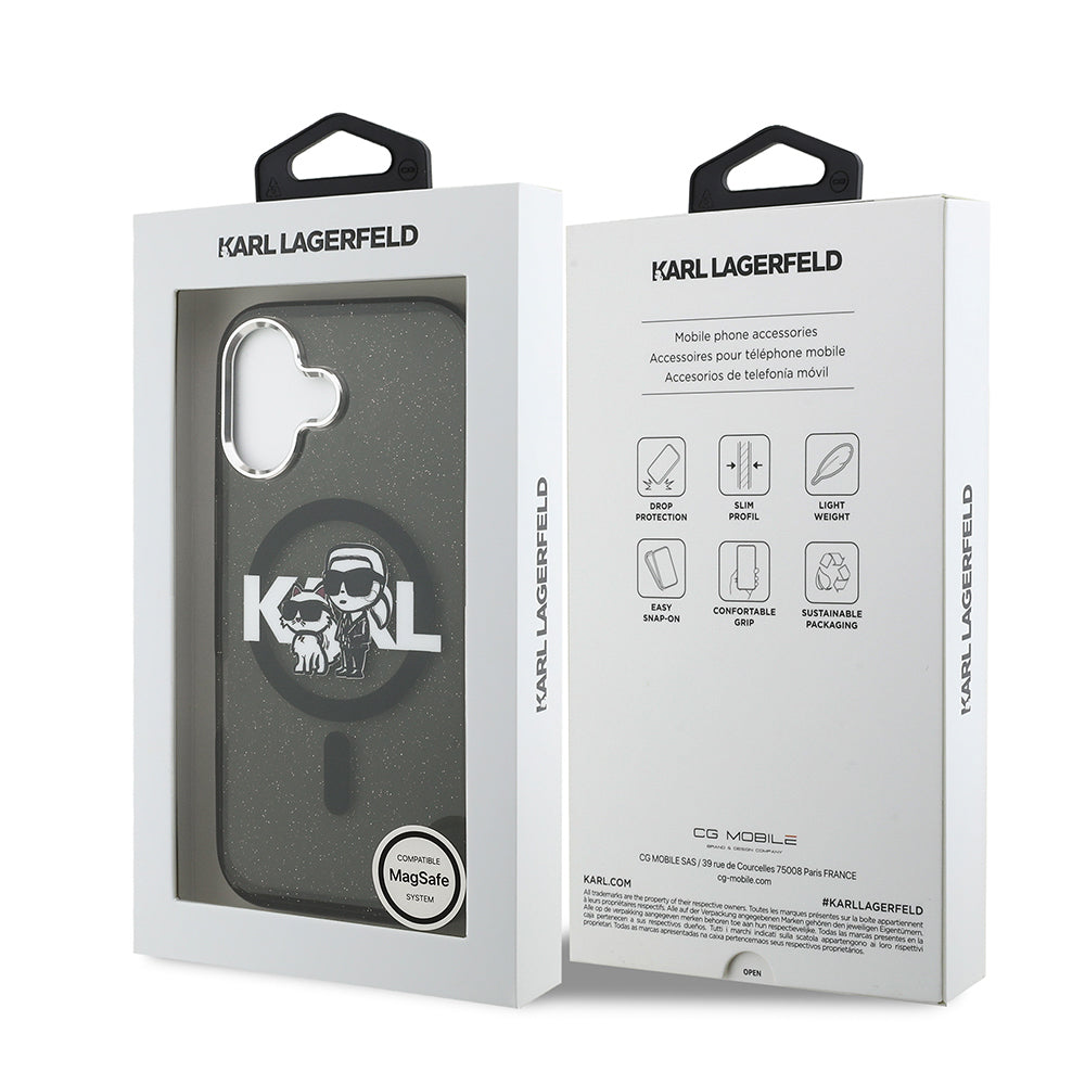 iPhone 17 Kılıf Karl Lagerfeld Orjinal Lisanslı Parlayan Simli Karl & Choupette Sketch Logo Kılıf