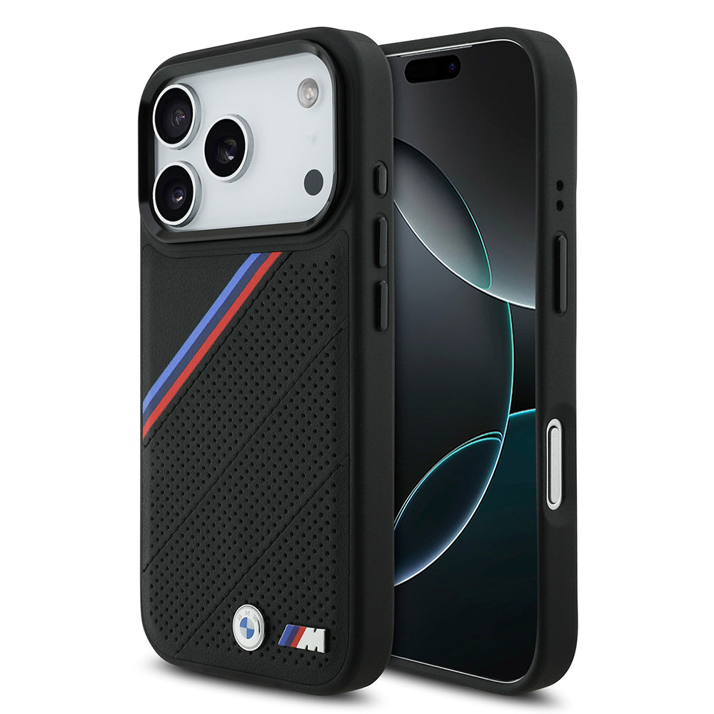 iPhone 17 Pro Kılıf BMW Orjinal Lisanslı M-safe Şarj Özellikli M Logolu Üç Şeritli Delikli Deri Kılıf