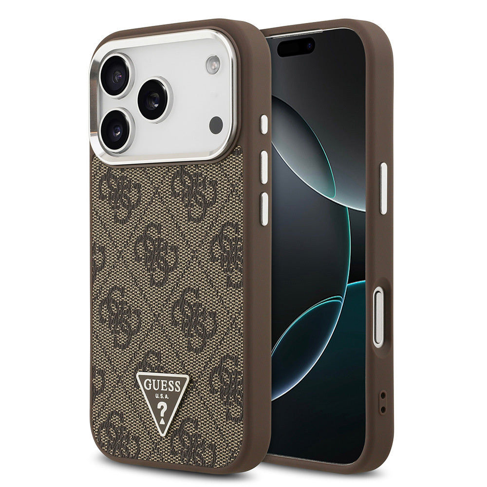 iPhone 17 Pro Kılıf Guess Orjinal Lisanslı M-safe Şarj Özellikli Gümüş Metal Kamera Çerçeveli Üçgen Logo 4G Desenli Kılıf