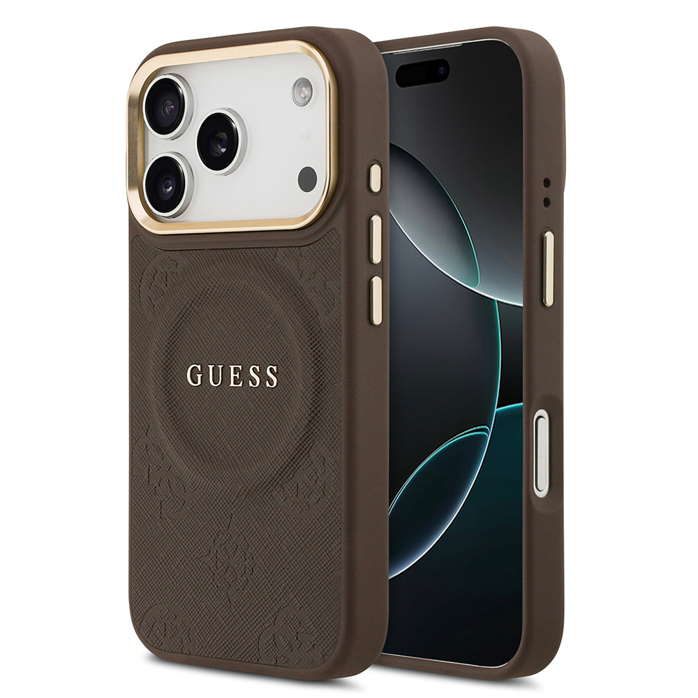 iPhone 17 Pro Kılıf Guess Orjinal Lisanslı M-safe Şarj Özellikli Sıcak Baskılı Yazı Logolu PU Deri Peony Kılıf