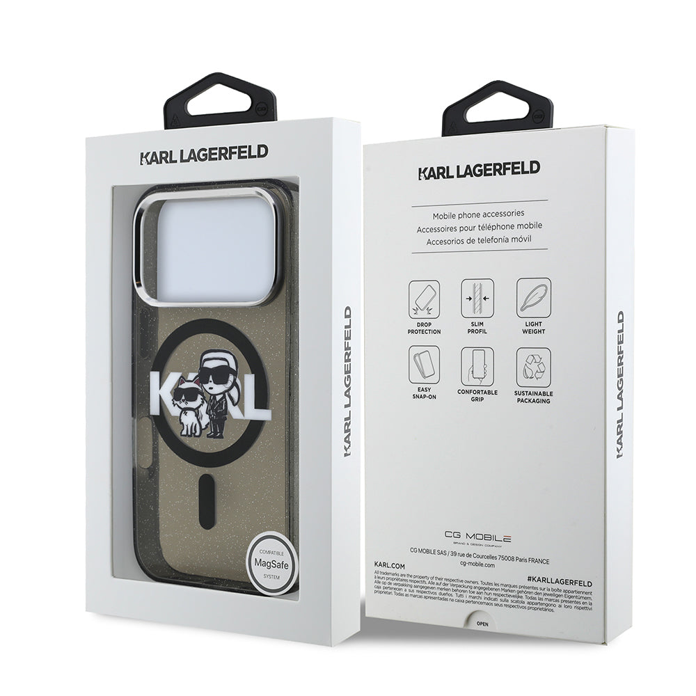 iPhone 17 Pro Kılıf Karl Lagerfeld Orjinal Lisanslı Parlayan Simli Karl & Choupette Sketch Logo Kılıf